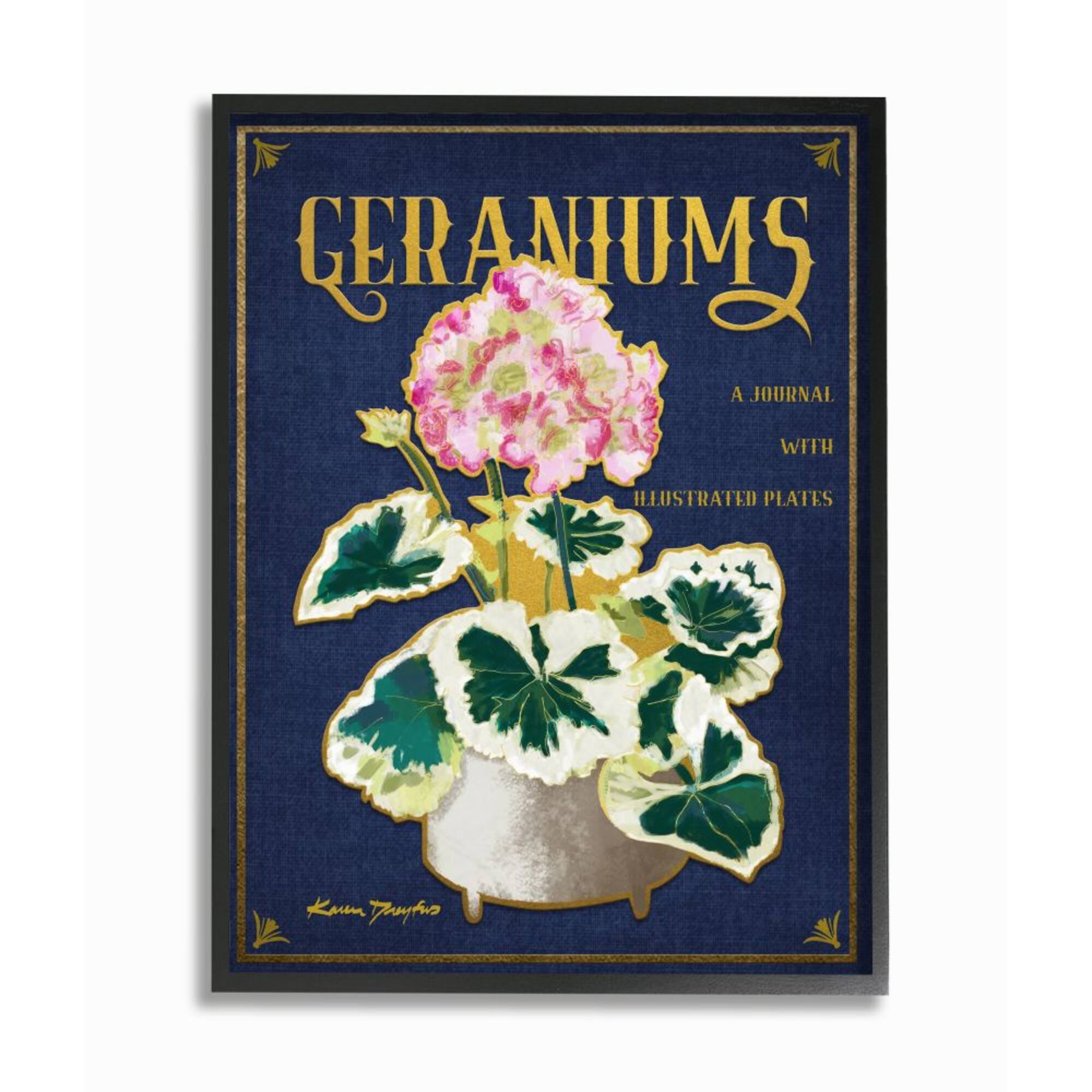 Stupell Industries Geraniums Blue Gold Flower Word Design in Frame Wall Art